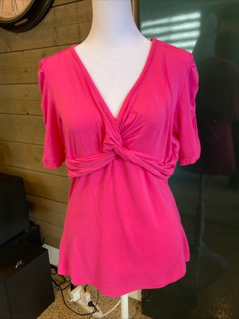 Boston Proper Knot-Front V-Neck Short Sleeve Top - Hot Pink